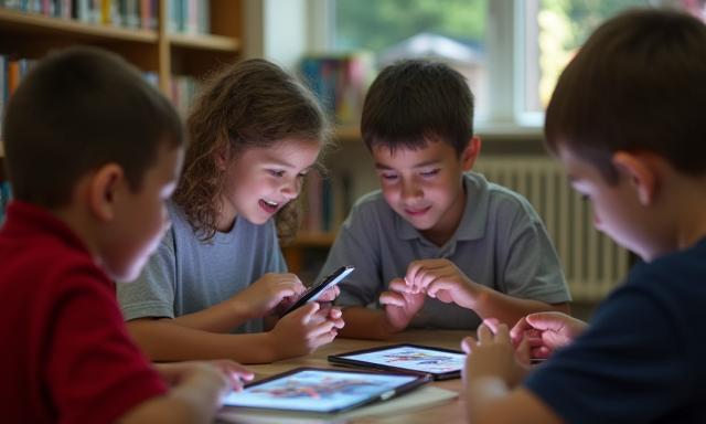 Students in a rural school using new digital library resources